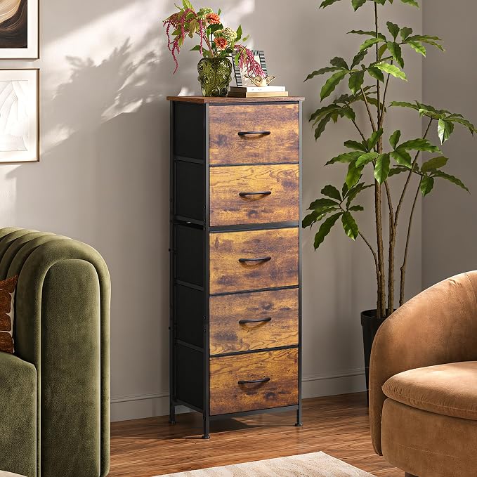 WLIVE Tall Dresser for Bedroom, 5 Drawer Dresser, Rustic Brown | 5 vertical fabric drawers, Tall vertical design, Bedroom or closet use, Dresser for small spaces, Chest of drawers