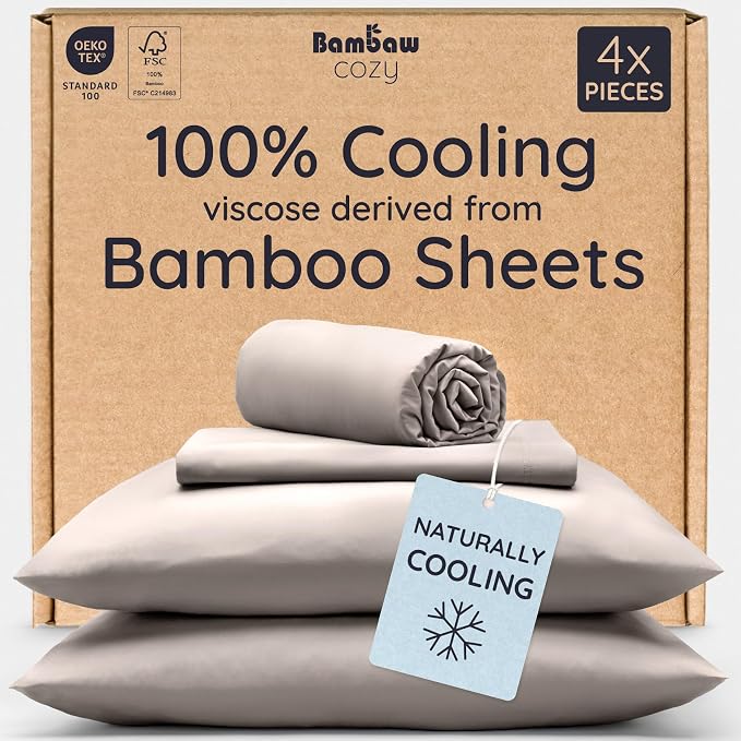 Bambaw California King Cooling Sheets Set 4pcs – 100% Viscose Derived from Bamboo Sheets Extra Deep Pockets, Soft & Breathable Bedding Set, Fits Up to 16'' with Elastic Corner Straps (Sand)