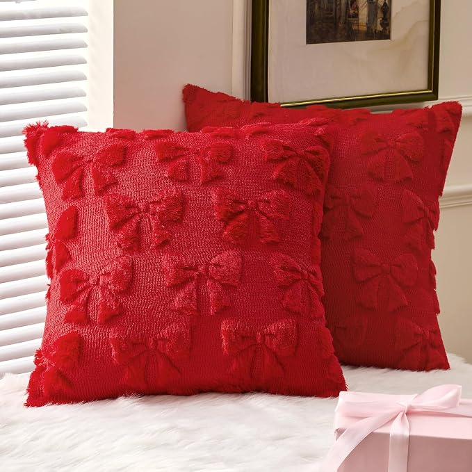 MIULEE Red Bow Pillow Covers Coquette Room Decor 18x18 | Aesthetic Decorative Cute Girl,Set of 2 Cushion Covers,Soft Plush Faux Pillowcases,Preppy Room Decor Bedroom Couch