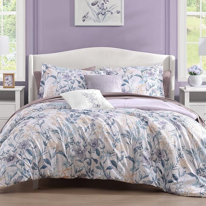 Queen Comforter Set - 7 Pieces Soft Floral Bed in a Bag Queen Bedding Sets | Purple Botanical Flowers Comforter Set with Sheets, Pillowcases & Shams for All Seasons