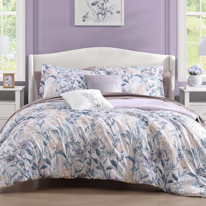 King Size Comforter Set-7 Pieces Floral Bed in a Bag King Bedding Set | Purple Botanical Flowers Comforter Set with Sheets, Pillowcases & Shams for All Seasons