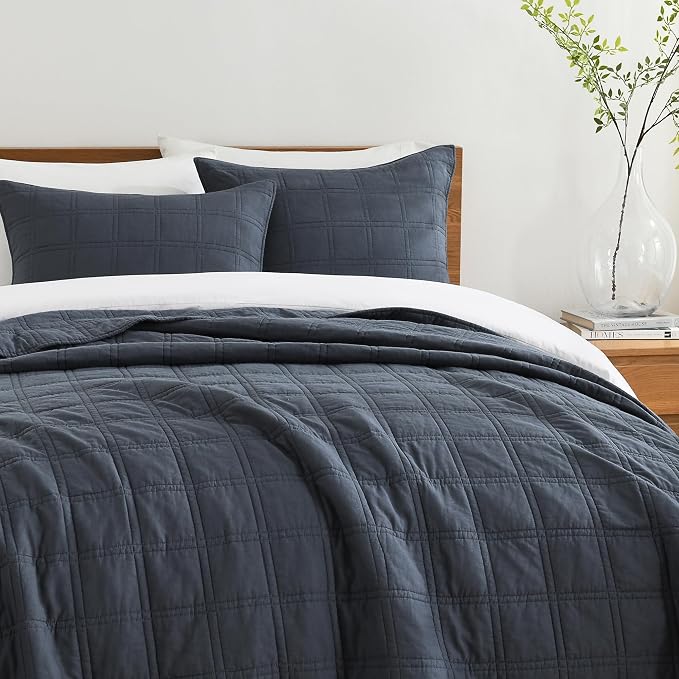 HORIMOTE HOME 100% Cotton Quilt Set Queen Size, Denim Blue Pre-Washed Bedspreads Coverlet Set in Geometric Pattern, Cozy Lightweight Stitching Decorative Bedding Cover with 2 Shams for All Season