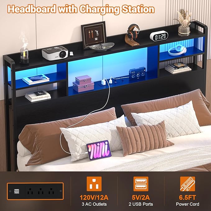 Aheaplus Headboard for Full Size Bedwith Storage and Outlets, Black | Headboards with LED Light, Power Outlets, USB Ports Full Size Head Board, Wood headboard Only Sturdy and Stable Headboards