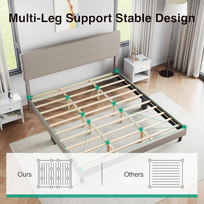 Novilla King Bed Frame and Headboard, King Bed Frame, Linen Upholstered Stripe Bed Frames, No Box Spring Needed, Heavy Duty Feet, Easy Assembly, Beige