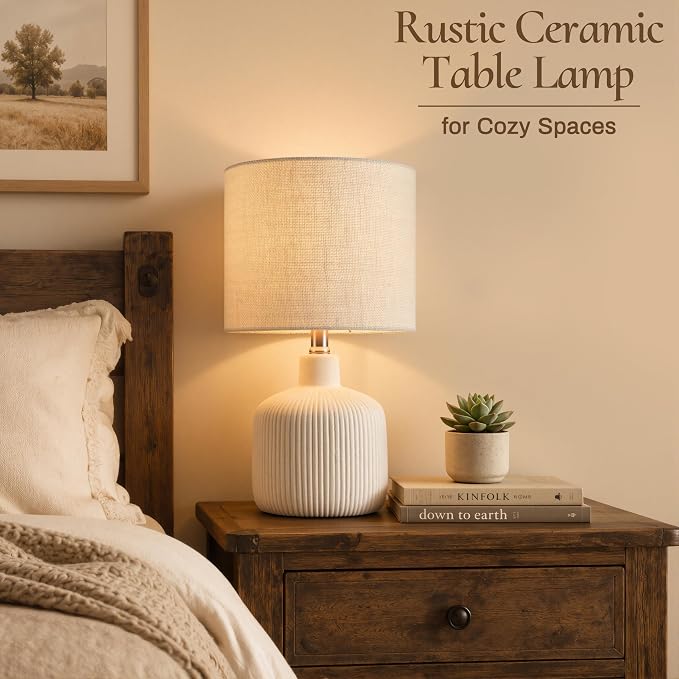 Ceramic Table Lamp, Off-White, 17.75" | Rustic Farmhouse, Beige Linen Shade, Warm Ambient Lighting, Bedside Nightstand