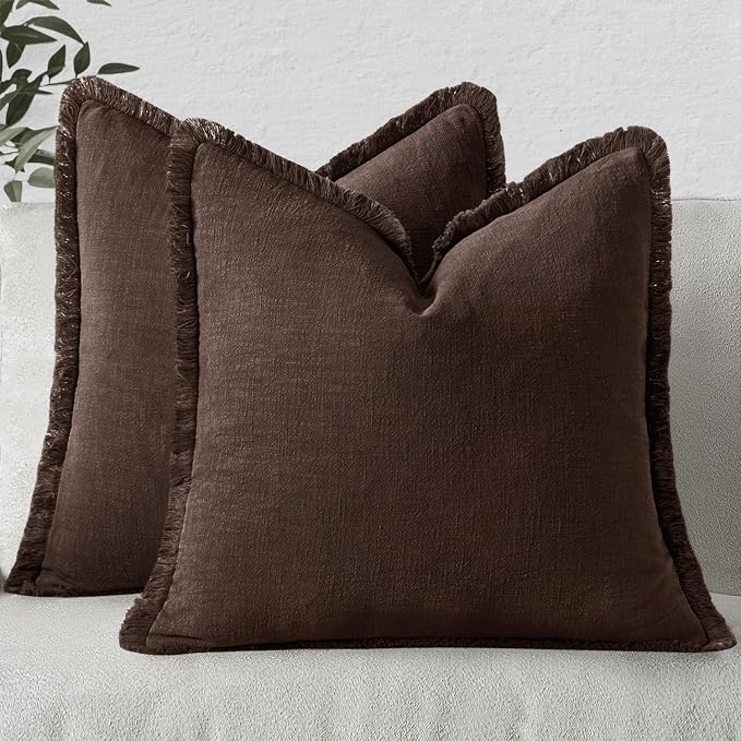 MIULEE Linen Fringe Decorative Fall Euro Pillow Covers Dark Brown 22x22 | Set of 2, Cottagecore Decor, Boho Farmhouse Neutral Throw Pillow Covers, Rustic Fall Couch Cushions for Sofa Bed Living Room