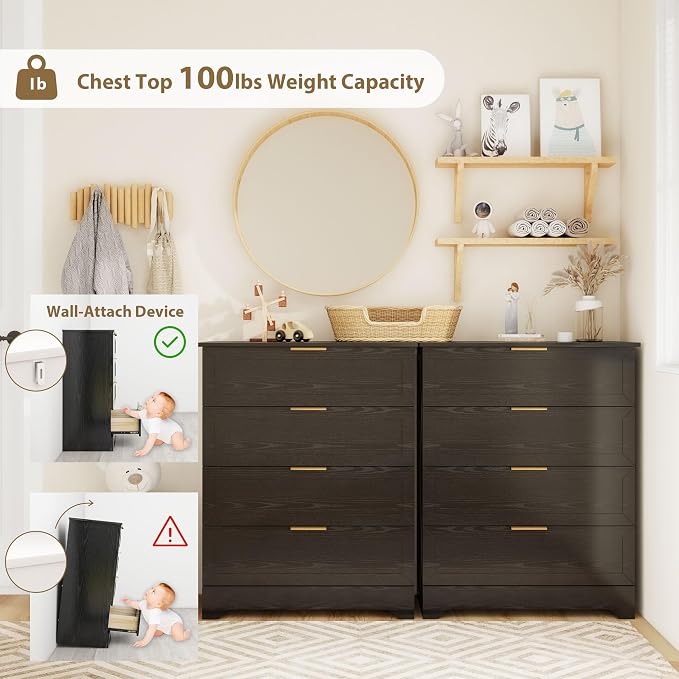 FTZxHKLX Modern Wide Wooden Chest of Drawers, Dresser for Closet, Black | Deep Drawer Dresser with Rose Gold Handles, Small Nursery Dresser with Anti-Tip Design for Living Room, Children's Room