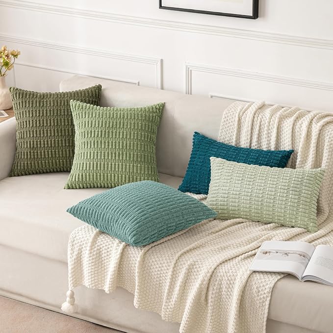 MIULEE Corduroy Decorative Throw Pillow Covers 20x20 Teal Green Pack of 2 | Soft Boho Striped Pillow Covers Modern Farmhouse Home Decor For Sofa Living Room Couch Bed