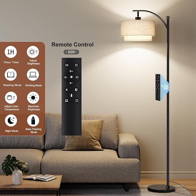 SUNMORY Arc Floor Lamps for Living Room with 12W Remote and Dimmable Bulb | Modern Floor Lamps with Adjustable Double Fabric Shades Shades, LED Lamp, Boho Standing Lamp for Bedroom, Corner, Home Decor