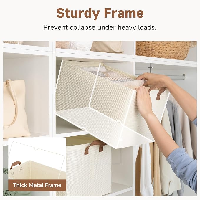 StorageWorks 45L Closet Storage Bins, Storage Baskets, Beige, 2-Pack | Extra Large, With Reinforced PU Handles, Metal Frame, Collapsible, for Shelves, Closet, Holds Clothes, Towels, Blankets