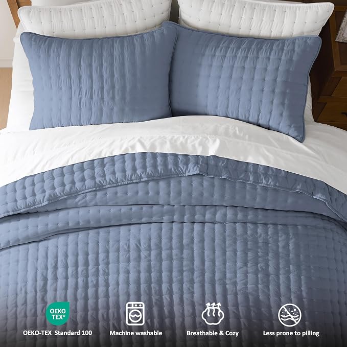 WDCOZY Dusty Blue Cloud Quilt Set Twin Size, Lightweight Soft Cross Stitch Bedspread, Farmhouse Rustic Country Coverlet, Spring Summer Thin Comforter, 2 Pieces, 1 Pillow Sham, 68x90 inches