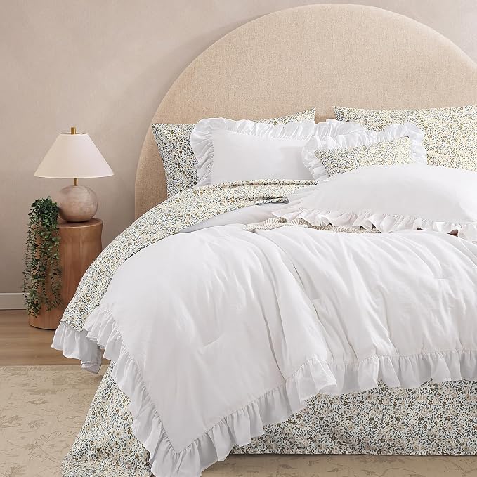 King Size Comforter Set-7 Pieces Ruffle Bedding Floral Sheet | White Bed in a Bag, Soft Lightweight All Season Farmhouse King Size Bedding Sets with Floral Sheets, Pillowcases & Shams