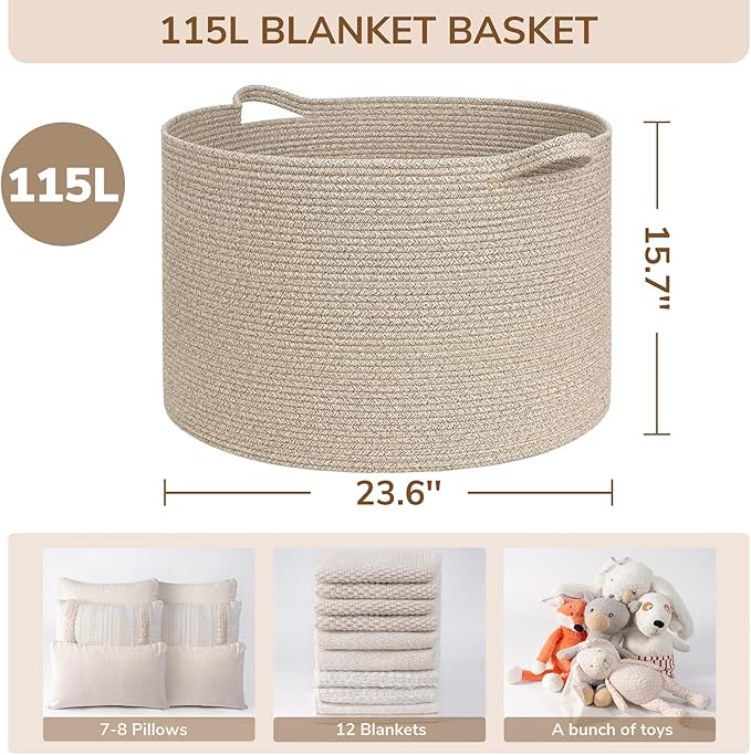 INDRESSME 115L Extra Large Woven Wicker Blanket Basket Living Room | 23.6" x 15.7" Storage baskets for toys laundry & pillows. Fits living room, bedroom or nursery décor. Soft-touch with handles