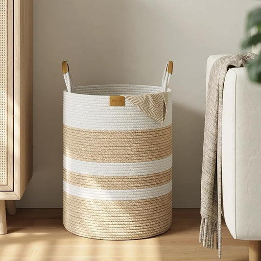 Nunsino 62L Striped Laundry Hamper with Leather Handles,Large Foldable Laundry Basket for Clothes,Cotton Rope Storage Bin for Blankets,Woven Clothes Basket for Bedroom, Beige Stripes