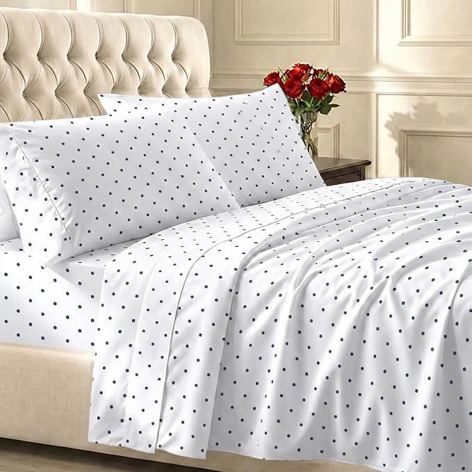 California Design Den 100% Cotton Sateen Hotel Sheets Full Size Set | 400 Thread Count Backed by Good Housekeeping Seal, 16" Deep Pocket, All-Around Elastic, Durable, Easy Care - Polka Dot Print