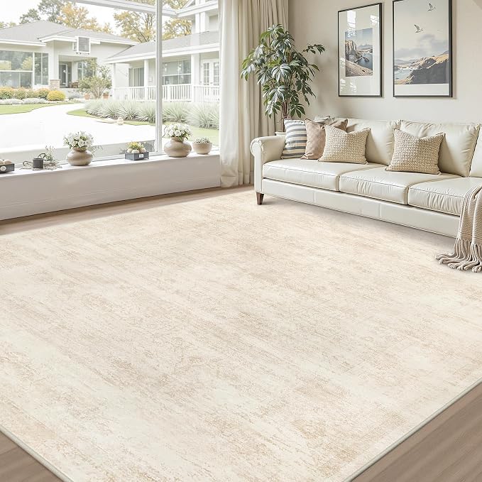 8x10 Area Rugs Living Room: Bedroom Washable Carpet Retro Beige | Large Vintage Boho Indoor Decor Neutral Soft Nursery Farmhouse Dining Room Office Floor Non-Slip Low Pile Under Table Rug