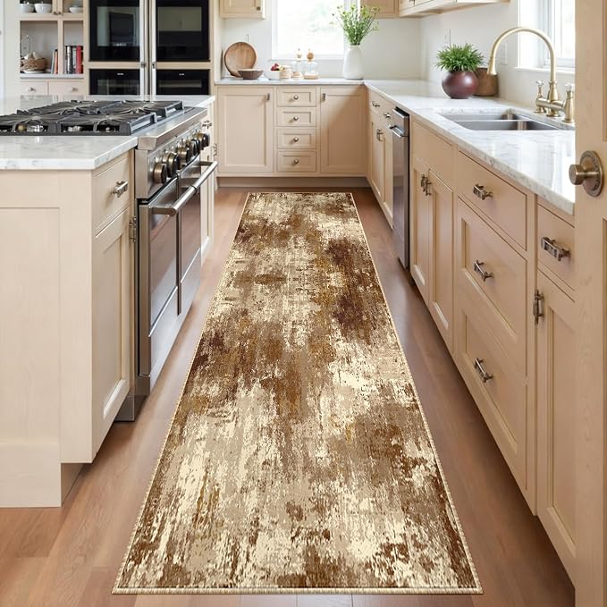 RELEANY Washable Runner 2'x6' Abstract Area Rug for Hallway Brown Tan | Carpet for Kitchen, Entryway, Bathroom, Living Room, Bedroom, Printed Pattern, Non‑Slip, Soft, Stain‑Resistant, Easy to Clean