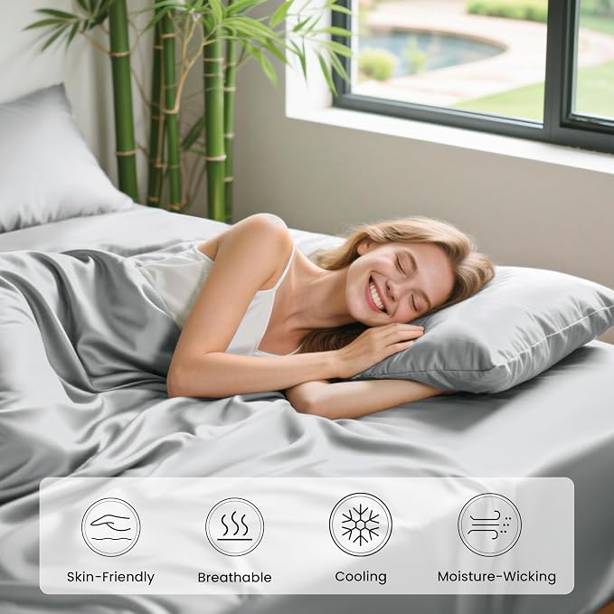 Love's cabin 4 Piece California King Size Sheet Set, 100% Rayon Derived from Bamboo, Cooling & Breathable, Soft Silky Deep Pocket up to 16", Hotel Luxury Bedding for Hot Sleepers, Light Grey