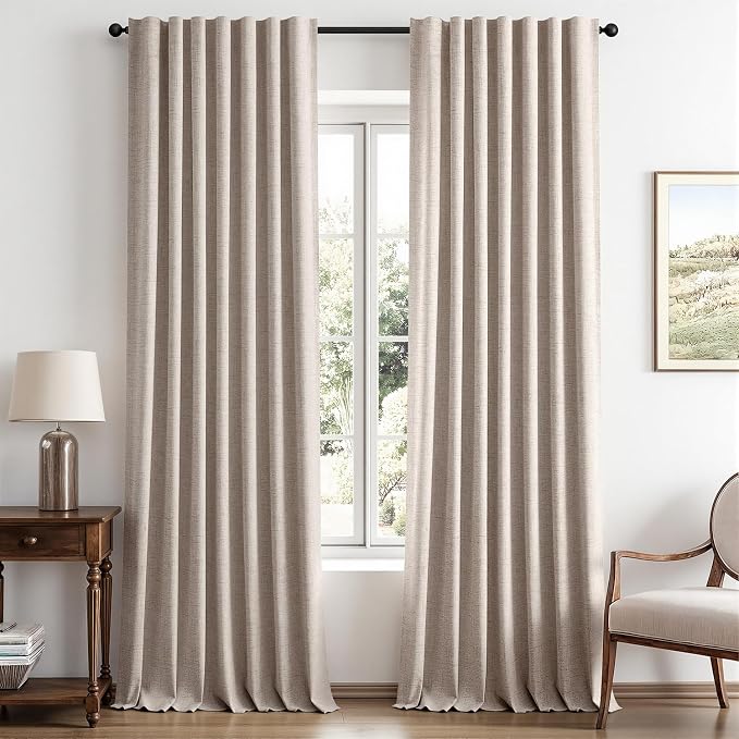 MIULEE 100% Blackout Linen Curtains for Bedroom 42 x 96 Inch Khaki 2 Panels | Thermal Insulated, Room Darkening Drapes for Living Room, Back Tab Rod Pocket Pinch Pleated, Solid Luxury Decor