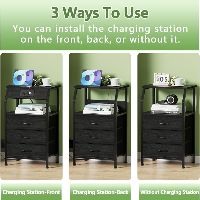 Furnulem Night Stand with Charging Station, 3 Drawers Bedside Table, Black | 28.3 Inch Tall Dorm Nightstand for Bedroom, Small Storage End Table with Outlets, 3 Fabric Storage Drawers, 3 Ways to Use