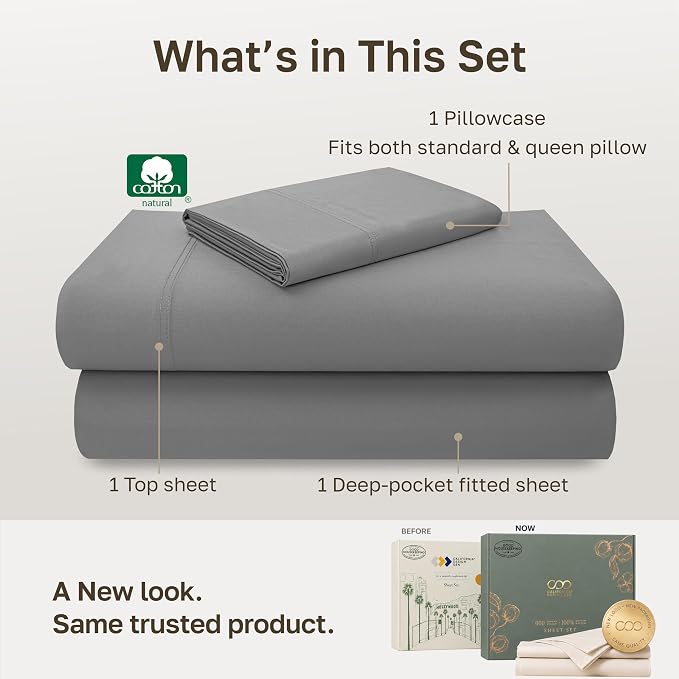 California Design Den 600 Thread Count Twin Bed Sheets Set, 3 Pc, Mist Grey | 100% Cotton Sateen Backed by Good Housekeeping Seal, Soft & Smooth, All-Around Elastic, Durable, Easy Care