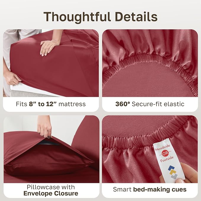 Soft Natural 100% Cotton Sateen Twin Sheets Set, 3 Pc Set, Brick Red | Backed by Good Housekeeping Seal, Light & Breathable For Hot Sleepers, All-Around Elastic, Durable, Easy Care