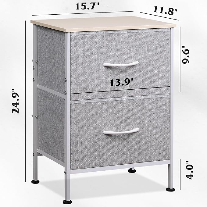WLIVE Nightstand, Nightstand with 2 Drawers, Bedside Furniture, Night Stand, Small Dresser for Bedroom, College Dorm, End Table with Fabric Bins, Dormitory, Light Grey