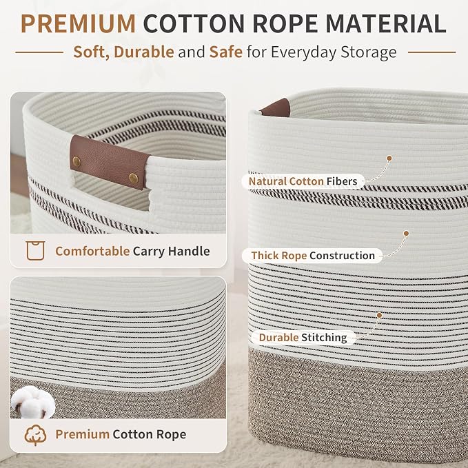 AINUOQI Laundry Hamper - Tall Woven Rope Laundry Basket - Clothes hamper with Leather Handles, 17" X 13.8" X 22", Blanket Storage Basket for Living Room, Rice Brown & White