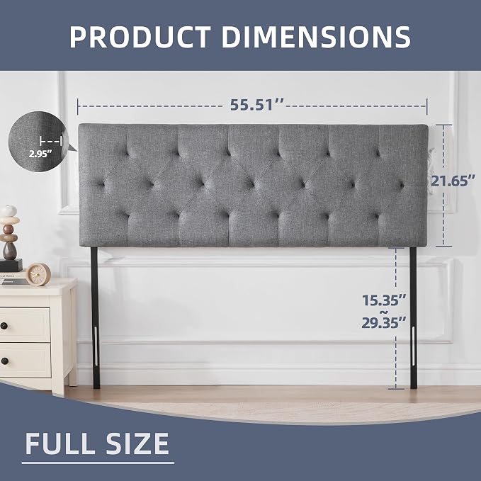 Linen Headboard Full Size, Adjustable Height Headboard 37-51 in, Light Gray | Diamond Tufting Solid Wood Full XL Headboards Only, Durable Metal Legs, Upholstered Full Head Board Bed Frame, Modern Fabric