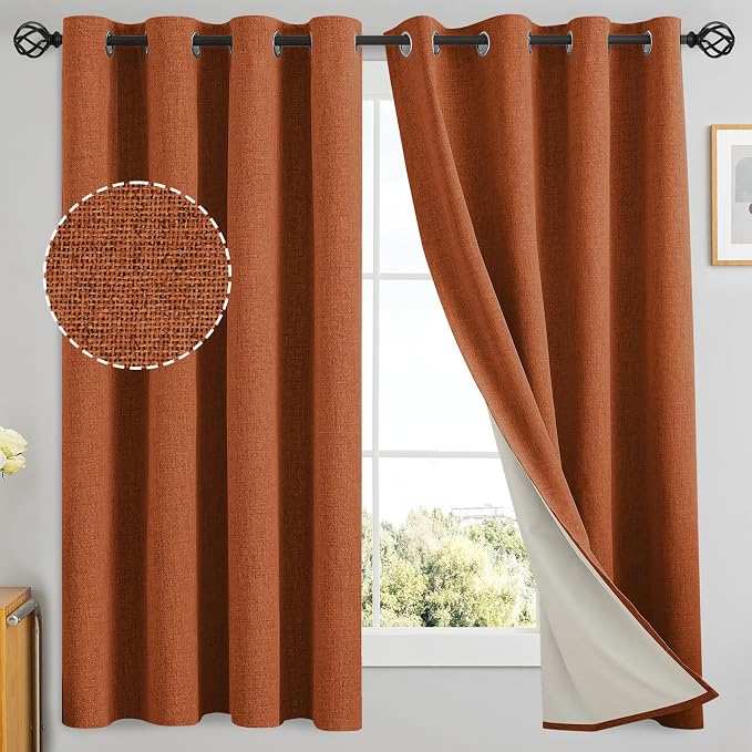 Yakamok Burnt Orange Linen Curtains 63 Inches Long for Living Room | 100% Blackout Curtains,Room Darkening Curtains,Thermal Grommet Bedroom Curtain 2 Panels with Greyish White Liner,52W x 63L