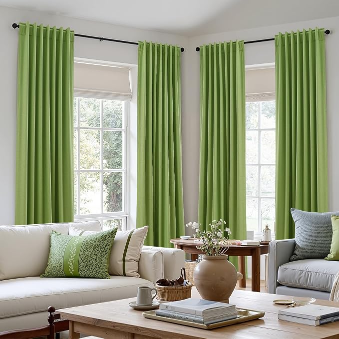 100% Blackout Curtains 90 Inch Length 2 Panels Set for Living Room Bedroom Back Tab Thermal Insulated Black Out Linen Drapes Room Darkening Lime Green,52x90