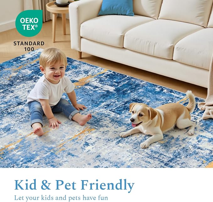 Rugflix 8x10 Area Rugs for Living Room, Washable Sky Blue Gold Large Rug | Machine Washable; Stain-Resistant; Low Pile; Non-Slip; Modern Abstract; Carpet for Bedroom Dining Office Nursery Home