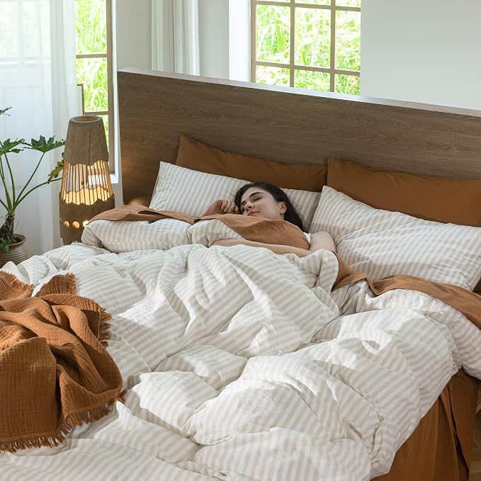 MooMee Striped Duvet Cover Set 100% Washed Cotton Linen Like Queen | Relaxed Linen-like Texture. Soft, Breathable & Long-lasting Comfort. Lightweight. Hidden Zipper with 8 Interior Corner Ties