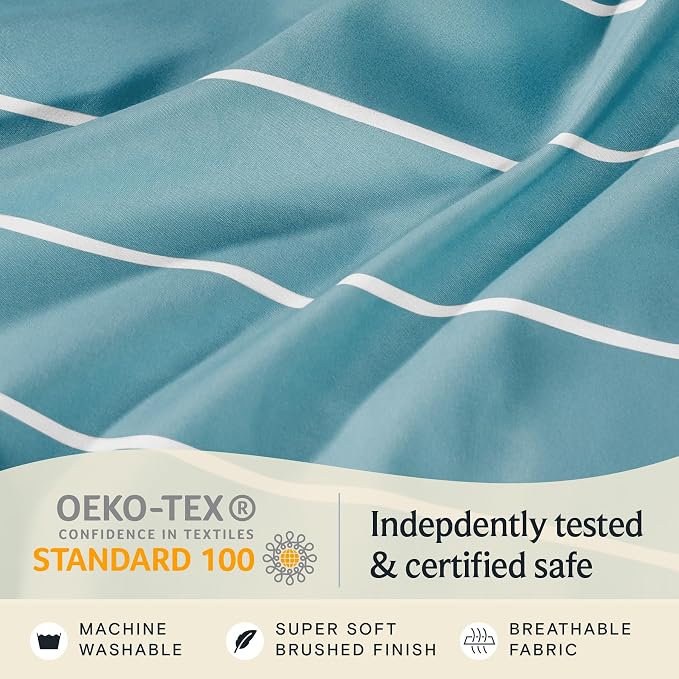 LuxClub 4 PC Queen Size Sheet Set Bed Sheets, Breathable Luxury, Deep Pockets 18" Wrinkle Free Cooling Machine Washable Hotel Bedding (Striped Light Blue) | LuxClub Silky Fitted Sheet & Pillowcase Sets, Breathable Hotel Luxury Bedding for Mattress Wrin...