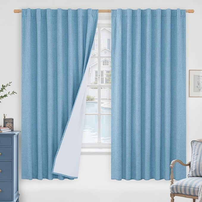 100% Blackout Linen Curtains 63 Inches Long, Blue, 60 x 63 Inch | Thermal Insulated, Curtains for Bedroom, Living Room, Full Room Darkening, Rod Pocket Back Tab Drapes, White Liner, 2 Panels