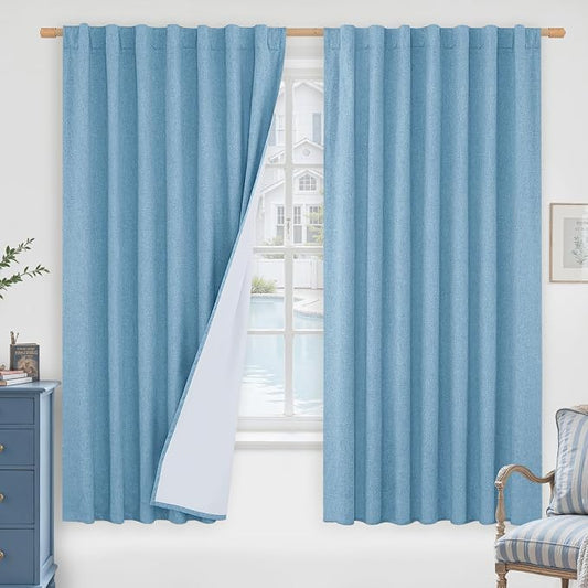 100% Blackout Linen Curtains 63 Inches Long, Blue, 60 x 63 Inch | Thermal Insulated, Curtains for Bedroom, Living Room, Full Room Darkening, Rod Pocket Back Tab Drapes, White Liner, 2 Panels