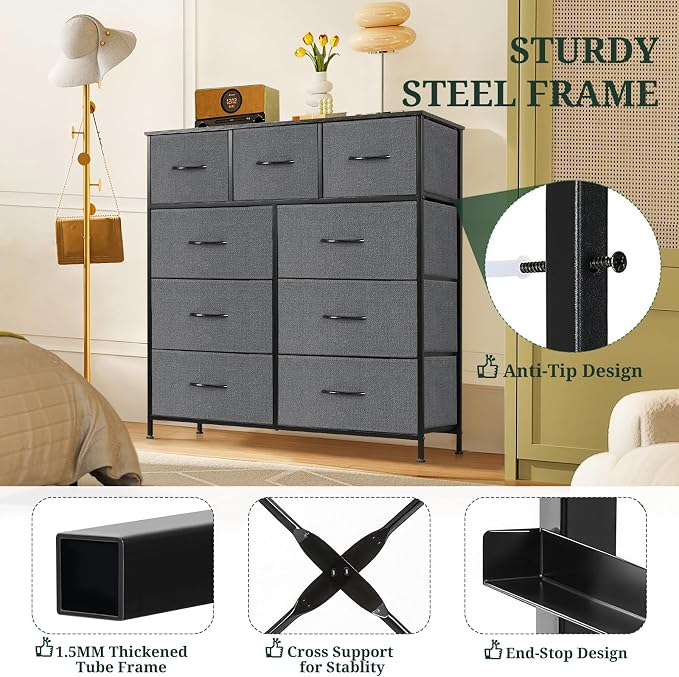 9-Drawer Dresser for Bedroom, Anti-Tip Tall Storage Organizer | Chest of Drawers with Wooden Top and Metal Frame Fabric Bins for Closet, Living Room, Hallway, Entryway, Gray