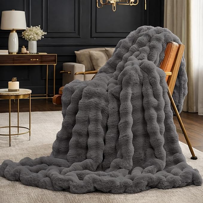 Cozy Bliss Faux Fur Bubble Throw for Couch, Fuzzy Soft Plush Thick Blanket for Sofa Bedroom Living Room, 60x80 Inches Charcoal Grey