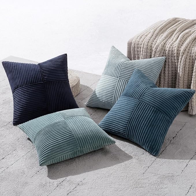 MIULEE Dusty Blue Navy Farmhouse Throw Pillow Covers 18x18 Inch Set of 4 Boho Patchwork Gradient Cushion Cases Western Modern Pillow Cases Corduroy Home Decor for Couch Sofa Living Room Bed