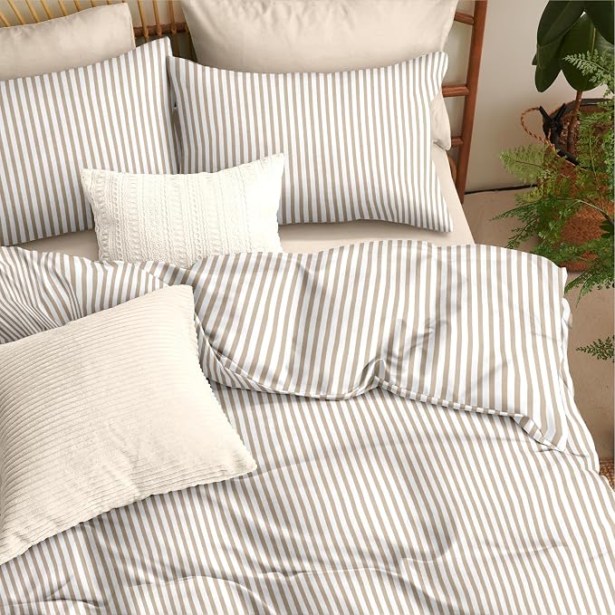 Nayoroom Brown Tan Striped Duvet Cover Set Queen | Modern Farmhouse Coastal Bedding, Soft Breathable Washed Microfiber, All-Season Comfort, Hidden Zipper, 4 Corner Ties