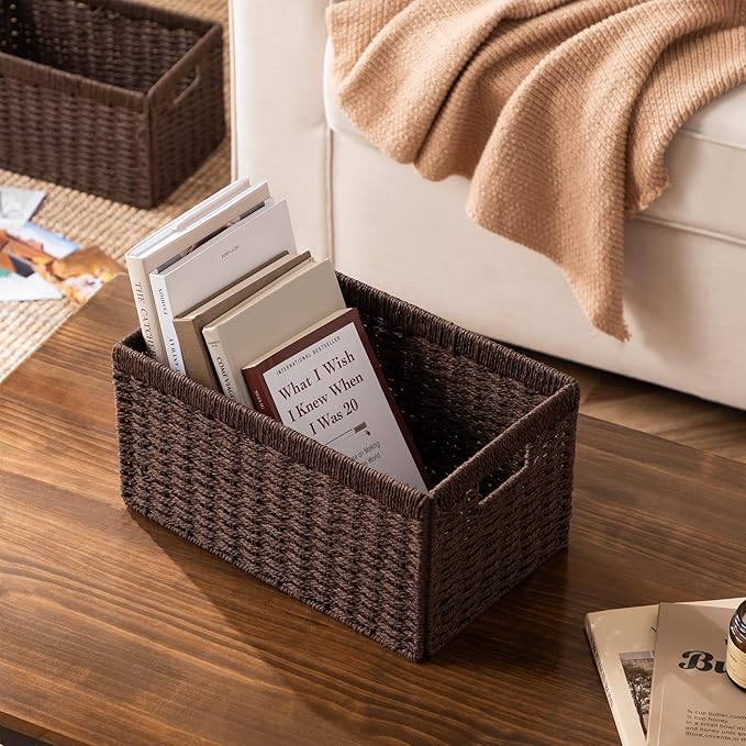 UBBCARE 4 Pack Wicker Basket, 13.4L×8.3H×7.1W inch Woven Paper Rope Storage Baskets for Shelves, Foldable Rectangular Storage Baskets with Handle, Storage Basket for Organizing, Dark Brown