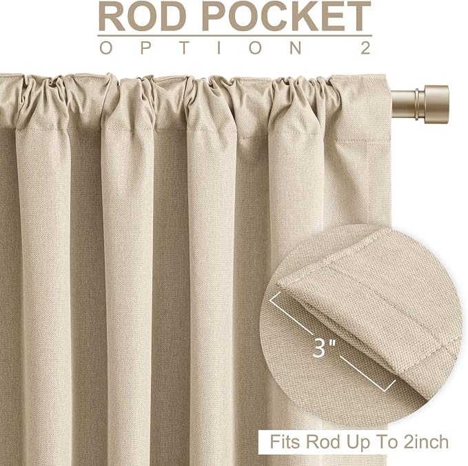 Faux Linen Total Blackout Curtains for Bedroom 102 Inch Long Natural Flax | 100% Blackout Shield, Back Tab/Rod Pocket Living Room Drapes, Thermal Insulated Blackout Curtains 2 Panels Set, 50"W x 102"L