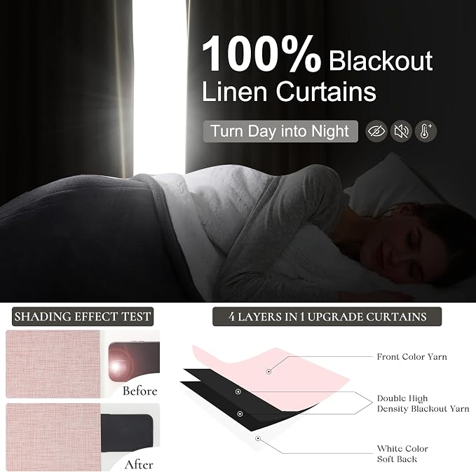 BabyPink Curtains for Girls Room, Cute Blackout Bedroom Curtains Aesthetic 84 Inch Length 2 Panels Set Flax Linen Thermal Drapes Insulated&Soundproof Back Tab/Hook Belt Preppy (50"W x 84"L)