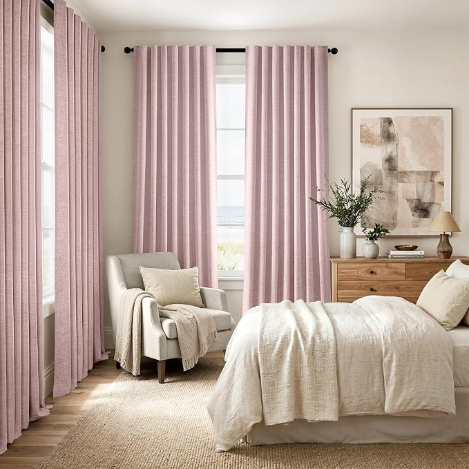 MIULEE 100% Blackout Linen Curtains for Bedroom 42 x 90 Inch Pink 2 Panels | Thermal Insulated, Room Darkening Drapes for Living Room, Back Tab Rod Pocket Pinch Pleated, Solid Luxury Decor