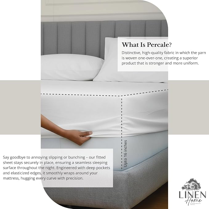 Linen Home 100% Cotton Percale Sheets Twin Size Pack of 2, White, Deep Pocket, 6 Pieces Set- 2 Flat, 2 Fitted and 2 Pillowcases, Crisp Cool and Long Staple Strong Bed Linen