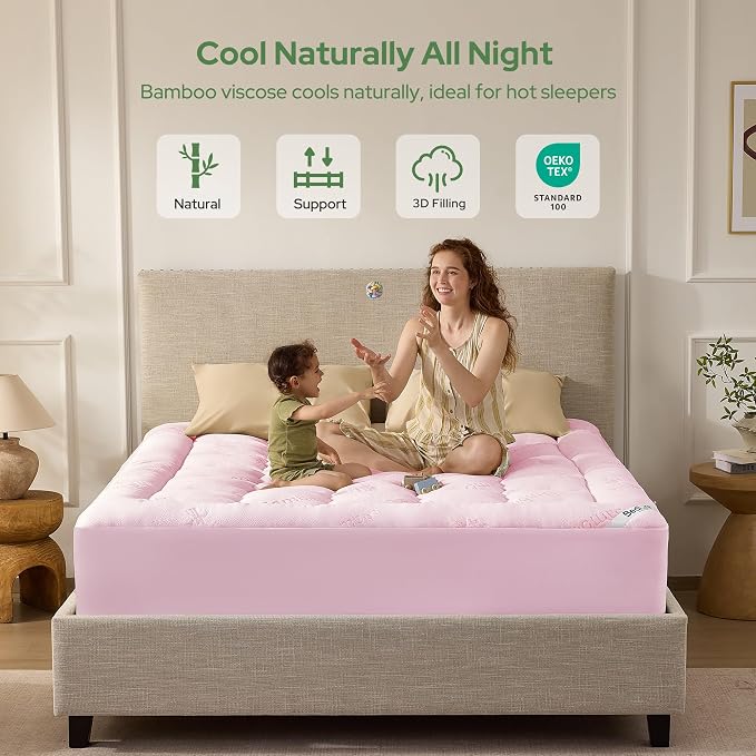 BEDLORE King Mattress Topper Viscose Bamboo, Thick Pillow Top Mattress Pad | Stretchable Pockets Fit 6"-18" Mattress, Soft Breathable Mattress Topper for Back Pain Relief and Hot Sleepers(Pink)