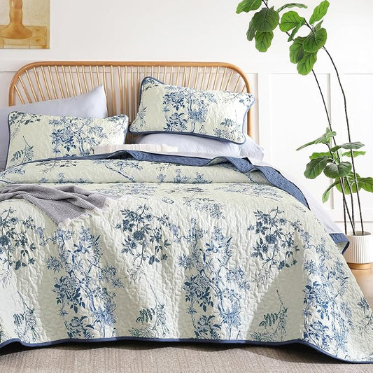 WONGS BEDDING Floral Quilt Set California King,Blue Bedspread Coverlets Set | Spring Summer Floral Farmhouse Bedspread with 2 Shams,Soft Microfiber Lightweight Coverlet for All Season 110"×96"