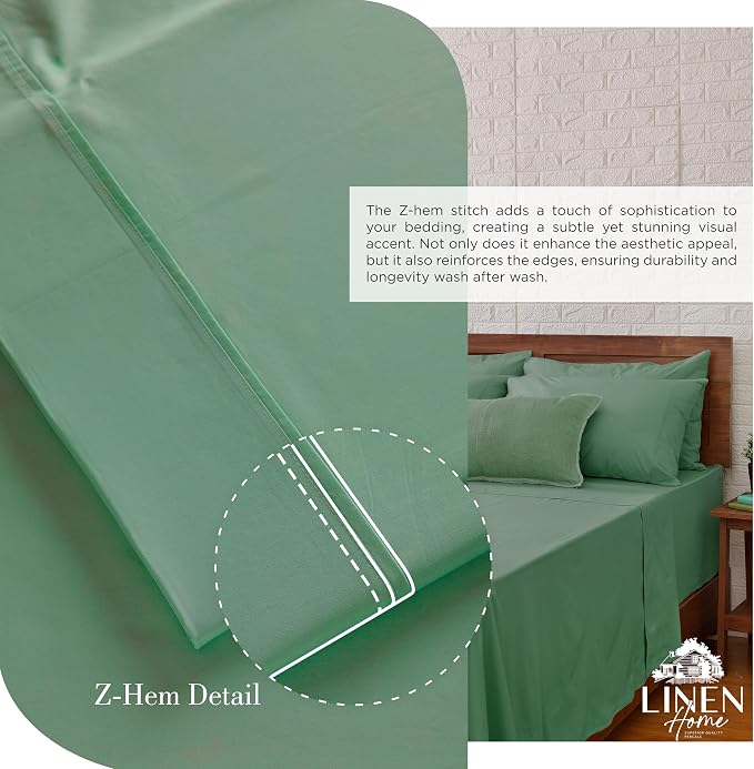 Linen Home 100% Cotton Percale Sheets Full Size, Frosty Green, Deep Pocket, 4 Pieces Set- 1 Flat, 1 Fitted and 2 Pillowcases, Crisp Cool and Long Staple Strong Bed Linen