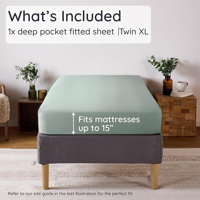 Bambaw 100% Viscose Derived from Bamboo Twin XL Fitted Sheet – Single Fitted Sheet with Straps, Cooling, Smooth & Breathable, Moisture Wicking Comfort, Stays Secure with Elastic Corners (Sea Glass)