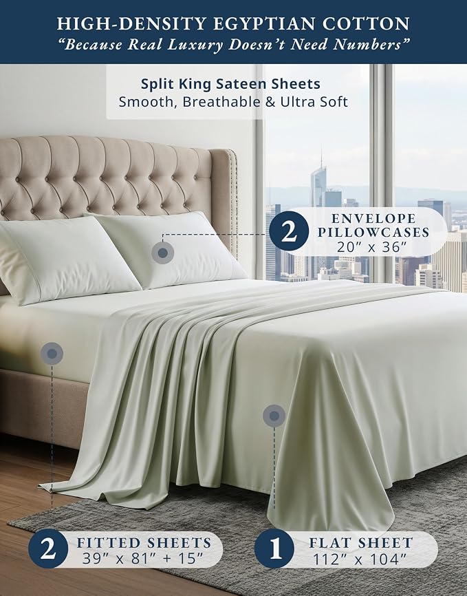 LANE LINEN Sheets for Sleep Number Bed Split King Sateen Weave - Mineral | Sleep Number Split King Sheets - 5-Piece Set, For A Luxurious Night's Sleep, For A Silky Hotel-Style Bed, Cozy Feel